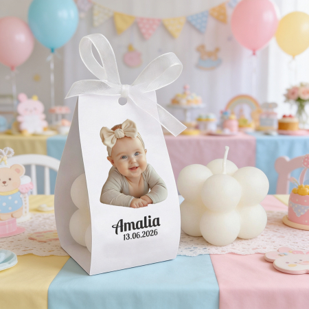 Marturie botez lumanare bubble, personalizata cu poza bebe baiel sau fetita [1]