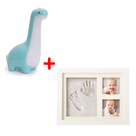 JUCARII, COPII & BEBE - lampa de veghe copii dinozaur albastru LED USB + rama foto si kit amprenta bebelus