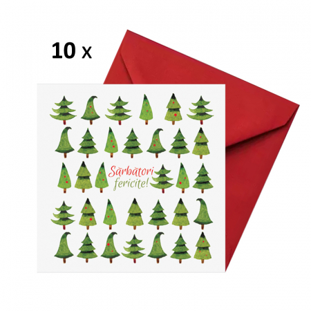 Seturi felicitari Craciun - Set 10 felicitari Craciun braduti, cu plicuri rosii, 130x130 mm