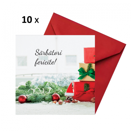 Felicitari Craciun mix poze - Set 10 felicitari Craciun cetina brad, cu plicuri rosii, 130x130 mm