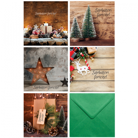 Seturi felicitari Craciun - Set 10 felicitari Craciun mix rustic, cu plicuri verzi, 130x130 mm