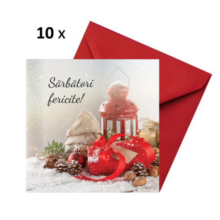 Felicitari Craciun mix poze - Set 10 felicitari Craciun felinar mic, cu plicuri rosii, 130x130 mm