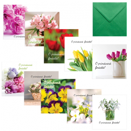 FELICITARI - Set 10 felicitari martie mix flori primavara, cu plicuri verzi, 130x130 mm