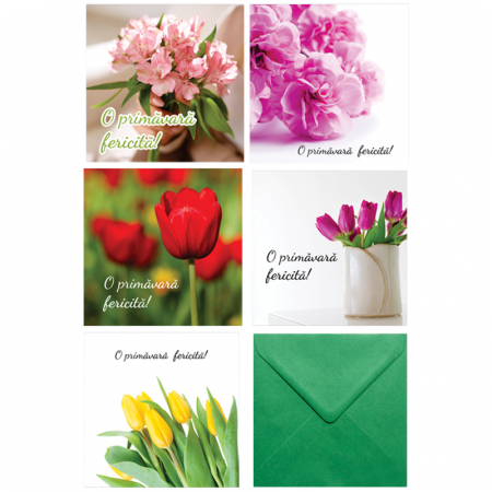 Set 10 felicitari martie mix flori primavara, cu plicuri verzi, 130x130 mm [1]
