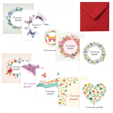 FELICITARI - Set 10 felicitari martie mix grafic, cu plicuri rosii, 130x130 mm