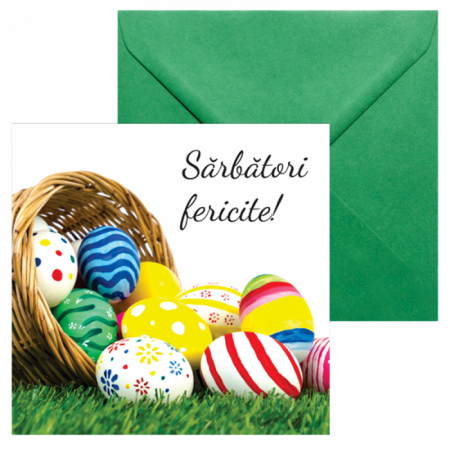 Set 10 felicitari Paste cos oua multicolore, 130x130 mm, cu plicuri verzi [2]