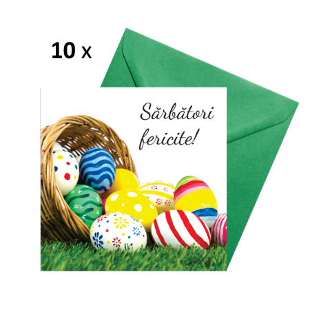 Set 10 felicitari Paste cos oua multicolore, 130x130 mm, cu plicuri verzi [0]