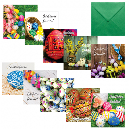 Set 10 felicitari Paste mix, cu plicuri verzi 130x130 mm [0]