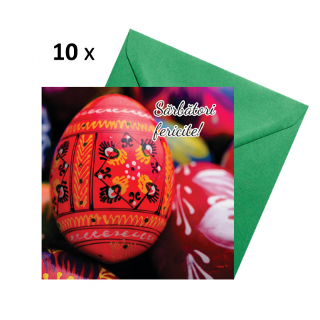Set 10 felicitari Paste ou rosu incondeiat, cu plicuri verzi, 130x130 mm [0]