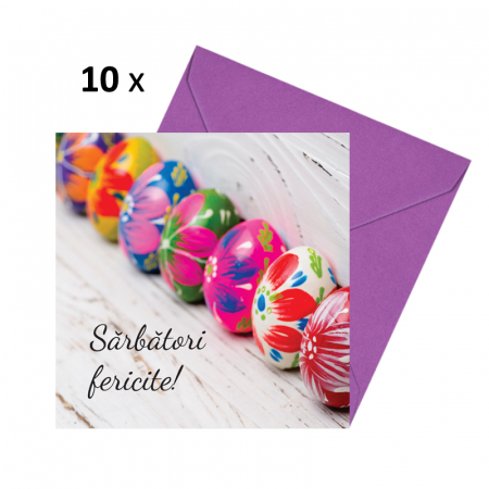 Set 10 felicitari Paste oua inflorate focus, cu plicuri mov 130x130 mm [0]