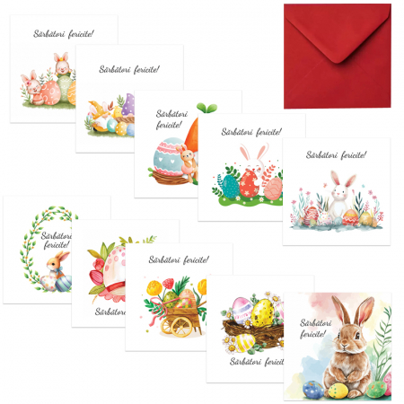 FELICITARI - Set 10 felicitari Paste mix grafic, cu plicuri rosii. 130x130 mm